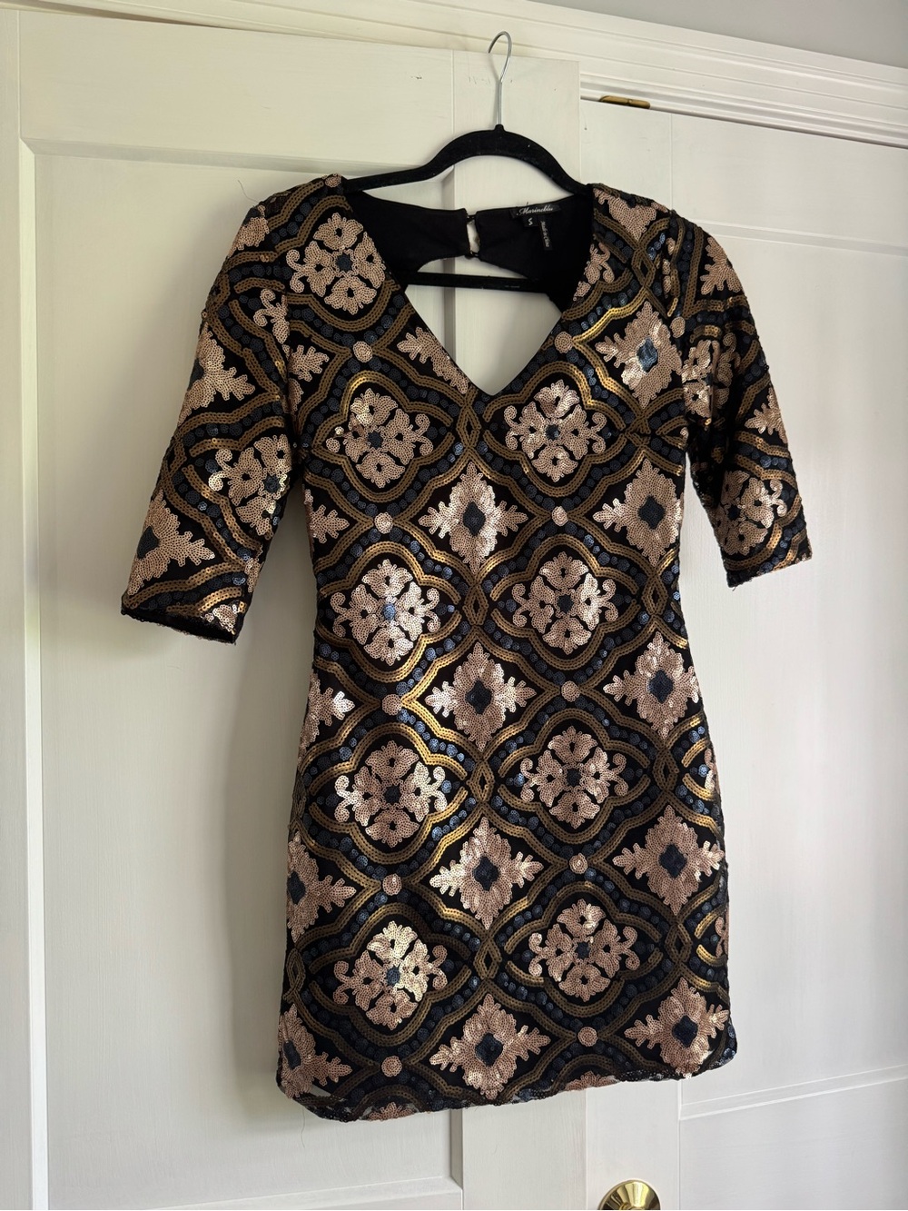 Marineblu Black, Gold, and Navy Sequin V-Neck Party Dress
